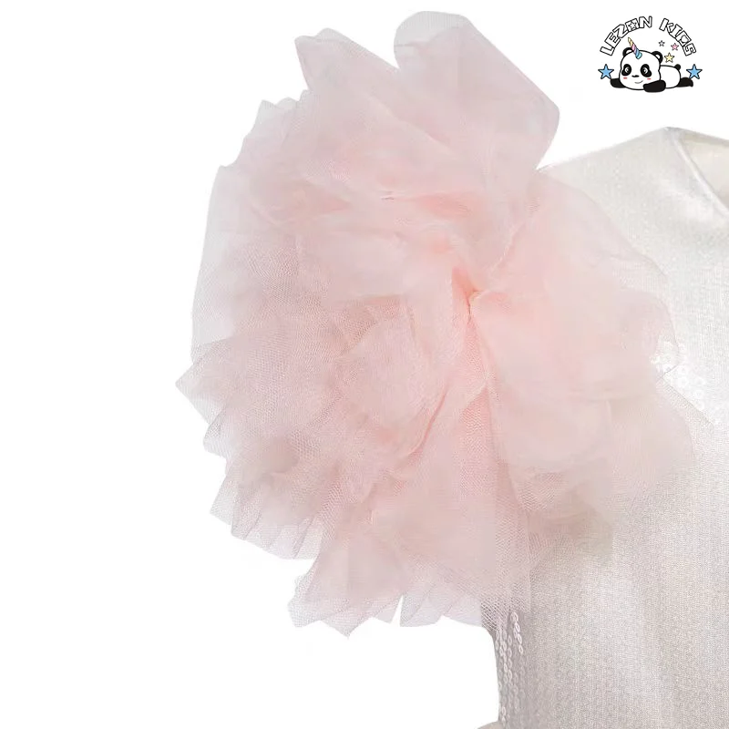LEZONKIDS - Atacado de Novo Produto de manga curta de tule com flores de renda para vestidos de meninas para casamento